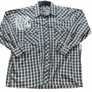 VTG Outlaw Western Wear‎ Mens Shirt Size 1X Big Plaid Chief Stencil Pearl Snap